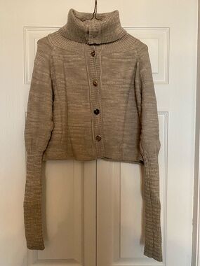 Cropped Turtleneck Button-Front Sweater - Taupe